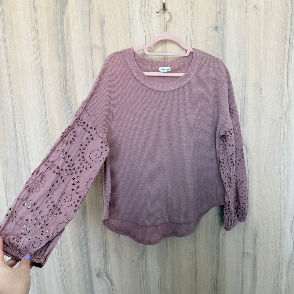 Womens Eyelet Long Sleeve Top XL Mauve Waffle Knit Cottage Boho Feminine Spring